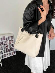 Colorblock Large Capacity Tote Bag, Patchwork Shoulder Strap Zipper Pocket Shoulder Bag, Casual Soft Women's Daily Handbag - White - View 4