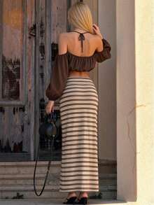 Striped Colorblock Daily Vacation Drawstring Hem Long A-Line Slim Fit Skirt - Brown - View 5