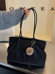 1pc Solid Color PU Fabric Shoulder Bag Women's Casual Large Capacity Tote Bag With Pleated Design, Double Handles, Zipper Closure, Suitable For Daily Shopping And Commuting (With Pendant) - Black - View 4