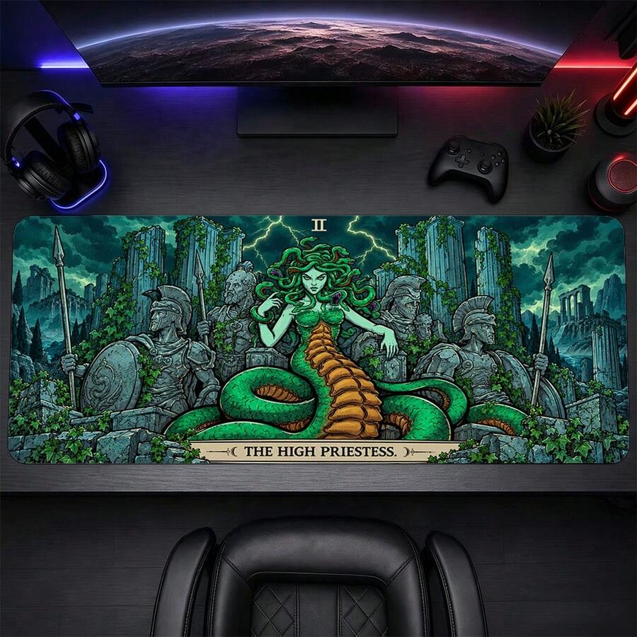 Medusa High Priestess Desk Mat, Serpent Goddess And Ancient Ruins Tarot Style Print, Polyester Surface With Non-Slip Rubber Base For Gaming And Computer Desks, 4 Sizes Available - View 1