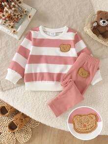 2pcs Baby Girl Cute Sweet Casual Bear Pattern Striped Long Sleeve Sweatshirt & Slim Leggings Set, Thin Spring/Autumn - Dusty Pink - View 3