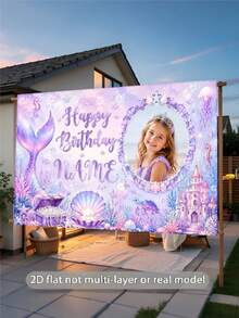 1pc Customizable Name Dreamy Mermaid Theme Happy Birthday Backdrop, Gradient Fish Tail Colorful Faux Pearl Shell Castle Design, Personalized Name Mermaid Theme Birthday Party Cake Smash Photography Decoration Banner Vinyl Material, Children's Art Activity - Purple - View 5
