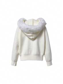 Women's Loose Fur Collar Hooded Knit Cardigan Sweater, Slimming Loose Fit Autumn Top - Apricot - View 11