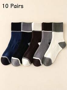 Men's Colorblock Ribbed Mid-Calf Cotton Socks, Vintage Contrast Color Breathable Sweat-Absorbent Versatile Casual Long Socks, 5 Pairs - Multicolor - View 5