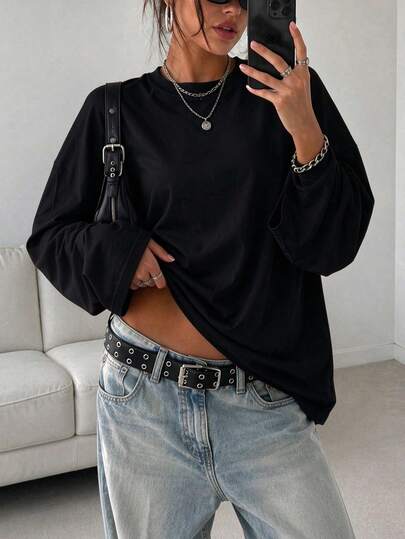 Women's Fashion Long Sleeve Crew Neck Regular Fit Loose T-Shirt, Versatile Casual Autumn_Winter New