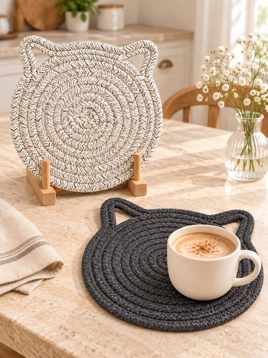 1pc Heat-Resistant Cotton Rope Cat Ear Placemat, Cute Minimalist Style Dark Gray Or Beige Round Woven Design With Raised Cat Ears And Hanging Loop, Multi-Functional Pot Holder/Heat Insulation Mat, Suitable For Dining Table, Kitchen, Wedding, Party, Birthday, Christmas - View 1