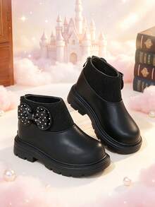 1 Pair Girls' Short Chelsea Boots, Soft PU + Elastic Knit Fabric, Round Toe, Soft Sole, Non-Slip, Back Zipper Design, Fashionable Cute Princess Style, Suitable For Daily, Holiday, Campus, Outdoor - Black - View 5
