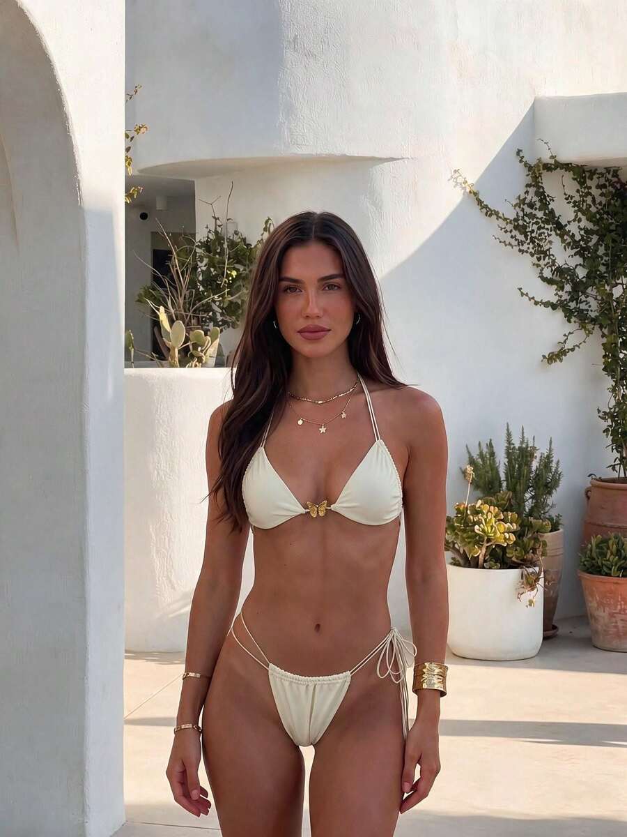 A Two Pieces Bikini Set With Butterfly Metal Decoration In Off-White, An Elegant And Casual Swimsuit Set For Summer Beach Vacation Parties - White - View 1
