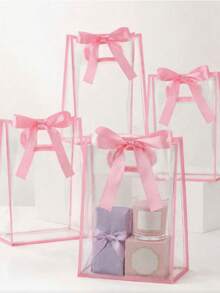 10/2pcs Transparent Pink PVC Gift Bags, Bow Ribbon Handle Waterproof Gift Bags, Bridesmaid Invitation Gift Bags, Wedding Favors, Birthday, Bachelorette Party Candy Packaging And Storage Bags - Pink - View 5