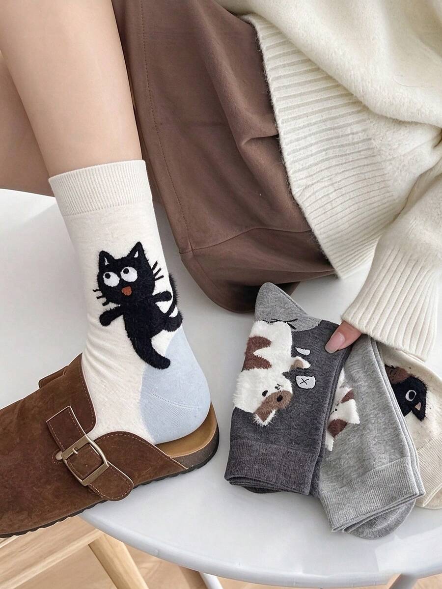 1/4/8 Pairs Autumn Winter New Easy Sweet Cartoon Cat Follow Heel Versatile High Aesthetic Mid-Calf Socks - Multicolor - View 1