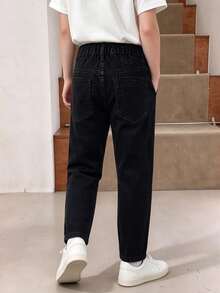 Young Boy Simple Black Wash Wide Leg Jeans, Casual Wear, Versatile, Adjustable Elastic Waist, Loose Fit, Wide Leg Denim Pants - Black - View 3