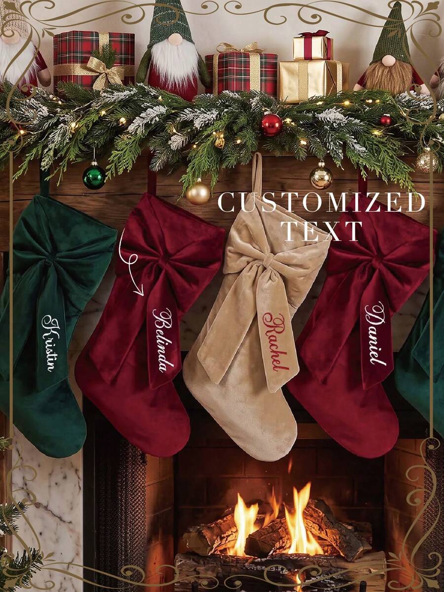 Personalized Bow Christmas Socks, Velvet Christmas Socks, Christmas Gift, Home Decor Velvet Socks, 2025 Christmas Gift, Printed Socks, Christmas Socks, Customizable Name Socks - Christmas Stocking - New - View 1