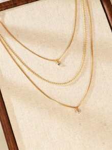1pc Fashionable Exquisite Multi-Layer Stacked Necklace With Gold Cubic Zirconia Pendant, Suitable For Women's Daily Wear, Dating, Party And Other Occasions, Also A Perfect Gift For Friends - Yellow Gold - View 2