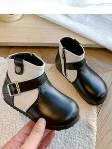 1 Pair Girls' Colorblock Ankle Boots, Black Leather & Canvas Patchwork With Buckle Side Zipper, Baby Boots, Spring/Autumn - Black - View 2