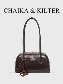 CHAIKA & KILTER 1件裝 素色亮面PU布料女款時尚單肩包 多口袋大容量波士頓保齡球包 拉鍊開合 適合日常與街頭使用（附吊飾） - 咖啡 - 查看 1
