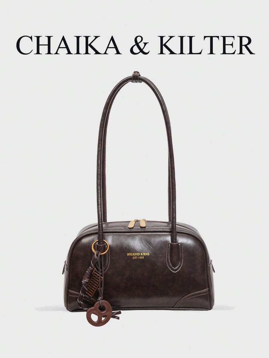 CHAIKA & KILTER 1件裝 素色亮面PU布料女款時尚單肩包 多口袋大容量波士頓保齡球包 拉鍊開合 適合日常與街頭使用(附吊飾) - 咖啡 - 查看 1