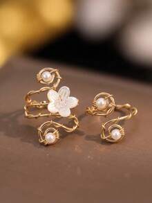 2Pieces Boho Wire Wrapped Pearl Ring Set, Gold Floral Shell Flower Open Ring, Adjustable Stackable Cottagecore Rings For Women, Vintage - Multicolor - View 6