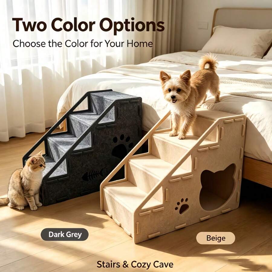 1 Felt Pet Ladder With Cave Hiding Place, Two Sizes (Large/Small) Suitable For Cats, Non Slip Pet Ramp Ladder Leading To Sofa Bed, Indoor Cat House Furniture, Main Video Includes Assembly Instructions