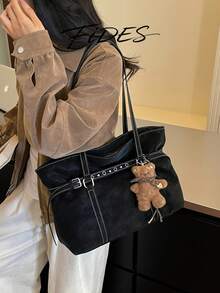 1PC Fashion Metal Buckle Decor PU Fabric Shoulder Underarm Large Capacity Tote Bag For Women, Cool Wide Strap With Bear Accessory, Versatile Solid Color, Suitable For Daily, Business Trip, Photography, Date, Travel And More - Black - View 10