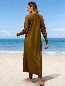 VFJ Modest Burkini Swimwear For Women, Full Coverage High Stretch Round Neck Swimwear With Zipper And Belt Detail Summer Vacation Beach - Khaki - View 4