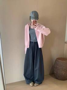 Korean Style Casual Solid Color Hooded Double Zipper Cardigan Loose Knit Jacket Autumn/Winter - Pink - View 5