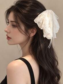 topshiny 1pc Lace Ribbon Bow Hair Claw Clip For Women, New Style Mesh Crystal Tassel Ponytail Hair Clip - Multicolor - View 2