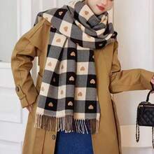 1pc Faux Cashmere Plaid Heart Scarf, Women's Versatile Warm Tassel Shawl, Suitable For Daily Wear - Multicolor - View 2