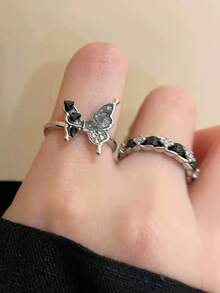 Set 2 Buah Cincin Terbuka Kupu-kupu Motif Kerikil Kontras untuk Anak Perempuan, dan Cincin Jari Telunjuk Keren, Cincin Desain Retro dan Unik - MultiWarna - View 1
