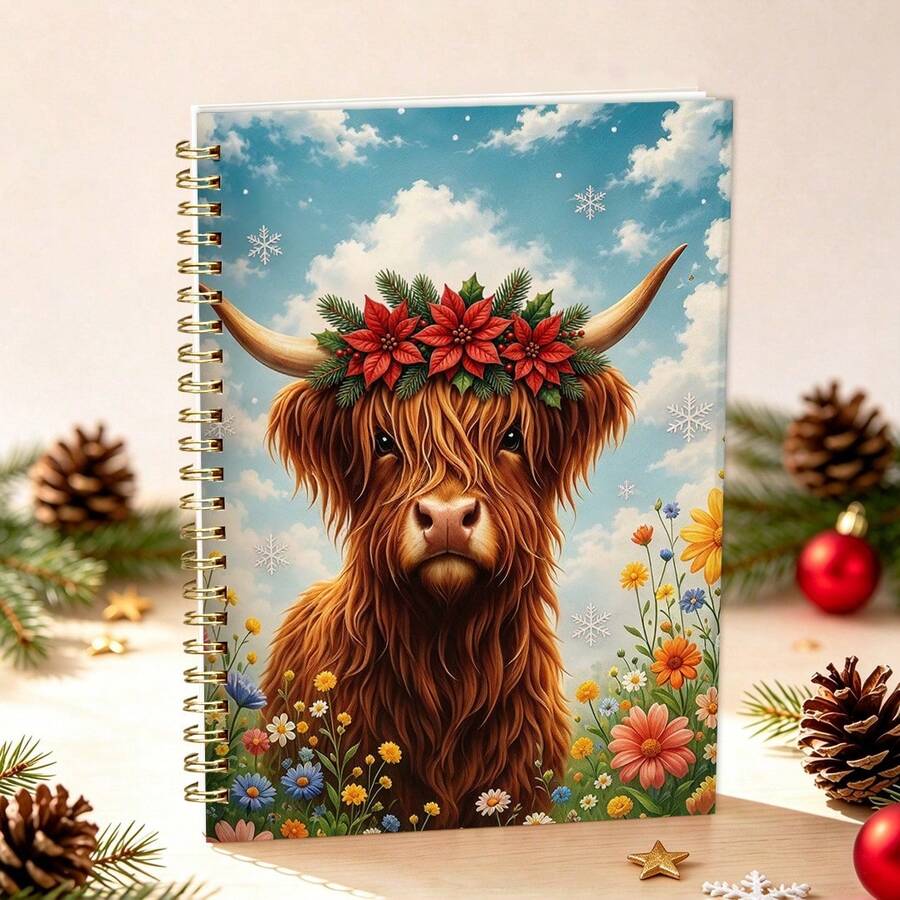 1pc 14x21cm Christmas Highland Cow Spiral Notebook, Floral Wreath Highland Cow With Poinsettia Print Dotted Inside Page Journal Notebook, Holiday Gift Writing Notebook - Highland Cow - View 1
