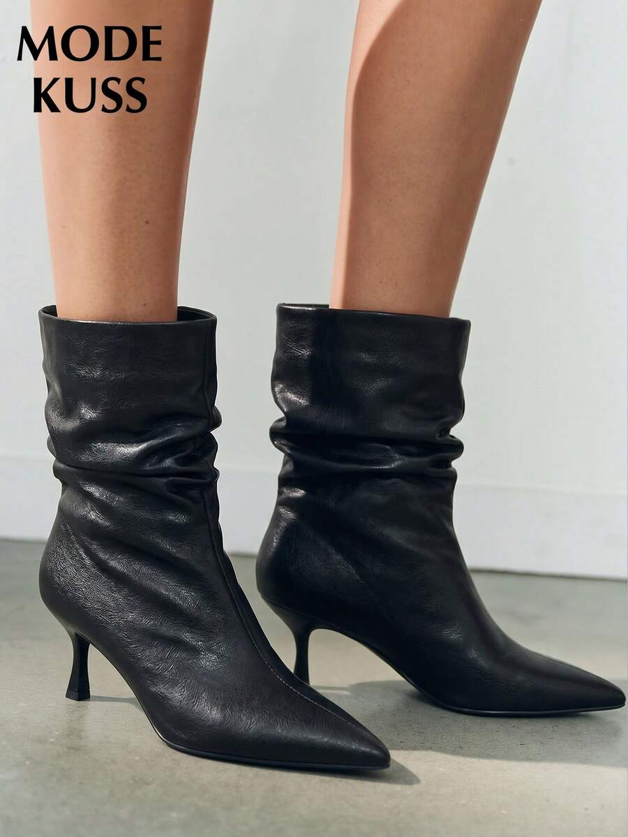 MODE KUSS New Women's Fashion Black Ruched Stacked Ankle Boots, Slip-On Pointed Toe Stiletto Heel Soft Leather Ankle Boots, Slimming High Heel Boots For Autumn/Winter - Black - View 1