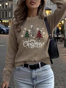 Christmas-Themed, Christmas Tree Print, Style, Casual And Comfortable Crew-Neck Sweater, Suitable For Autumn And Winter. - Earth Gray - View 7