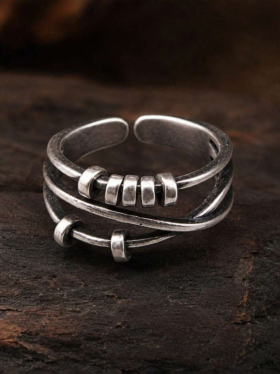 Vintage Distressed Multi-Layer Round Button Ring, Aged Silver Color, Anxiety Relief Spinning Jewelry, European And American Niche Men's Open Adjustable Finger Ring - Antique Silver - View 1