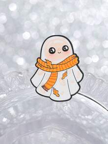 Cute Autumn Ghost Enamel Pin, Cartoon Ghost With Maple Leaf Scarf Brooch, Halloween Fun Accessory - Multicolor - View 5