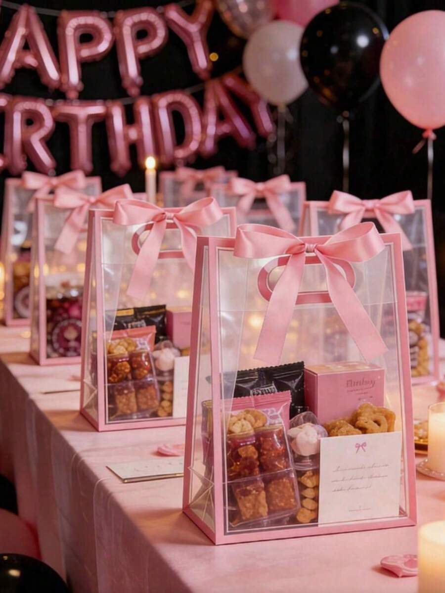 10/2pcs Transparent Pink PVC Gift Bags, Bow Ribbon Handle Waterproof Gift Bags, Bridesmaid Invitation Gift Bags, Wedding Favors, Birthday, Bachelorette Party Candy Packaging And Storage Bags - Pink - View 1