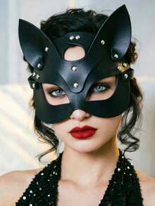 1pc Black Sexy Animal Cat Face Rabbit PU Leather Punk Mask Face Cover Halloween Party Ball Costume Cat Face Mask - Black - View 3