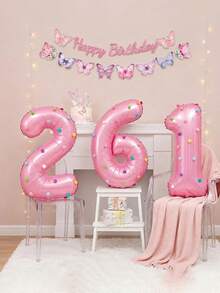 1 Set 32-Inch Pink Number Foil Balloon With Pom-Pom Decor – Self-Adhesive Colorful Pom Poms, Giant Mylar Digit Balloon 0-9 For Birthday Baby Shower Wedding Anniversary Party Decor - View 5