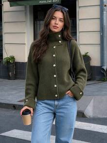 Women Loose Slouchy Knit Cardigan Turtleneck Single Breasted Sweater Coat Apparel For Daily Commuting Going Out Dating Fall Winter - Army Green - View 3