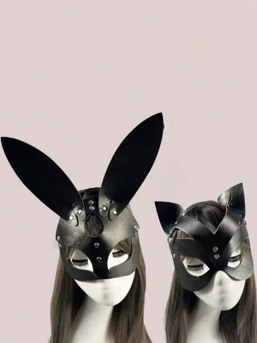 1pc Black Sexy Animal Cat Face Rabbit Girl PU Leather Punk Mask Face Cover Halloween Party Ball Costume Cat Face Mask - Black - View 1