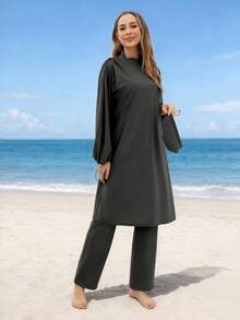 VFJ 3pcs Women Full Coverage Long Sleeve Modest Swimwear Set, Including Swimwear + Swim Cap, Suitable For Beach Vacation Summer - Dark Grey - View 5