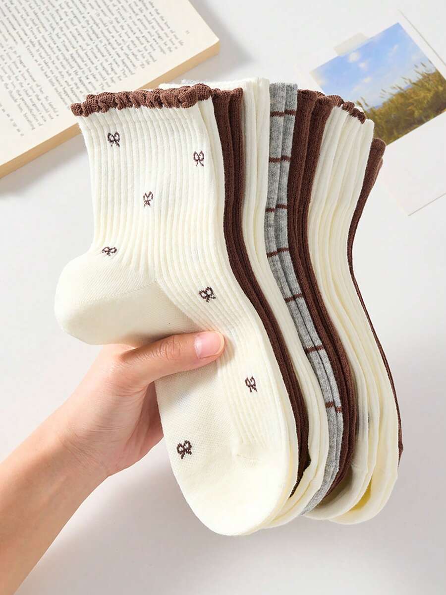 5 Pairs Women's Short Socks, Bowknot Striped Coffee Color Mid-Calf Socks, Suitable For Autumn/Winter Comfortable Versatile Wear - Multicolor - View 1