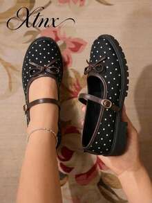 Women's Bow Buckle Polka Dot Round Toe Vintage Loafers - Black - View 1