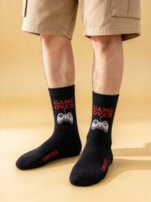 Men's Game Over Print Mid-Calf Socks, Personalized Casual Black Socks, Versatile Creative Long Socks - Multicolor - View 2