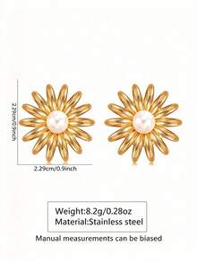 VceTd 1 Pair Elegant Style White Plastic Bead Floral Design Stainless Steel Stud Earrings For Women, Suitable For Parties - Yellow Gold - View 6