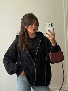 Drawstring Hooded Zip Up Jacket, Long Sleeve Regular Fit Coat With Pockets, Casual Fall Outerwear, Black Non-Stretch Layering Coat For Women - Black - View 3