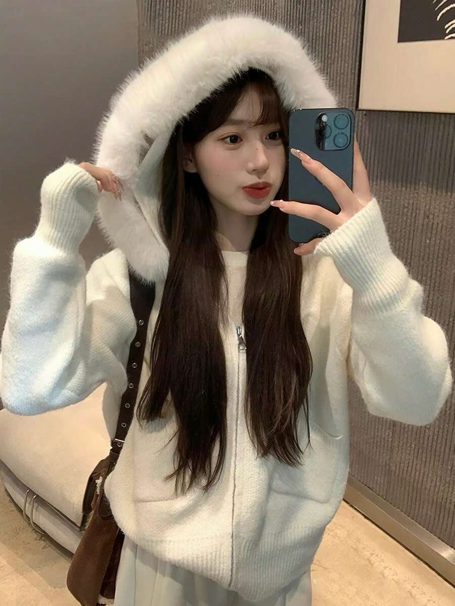 Women's Loose Fur Collar Hooded Knit Cardigan Sweater, Slimming Loose Fit Autumn Top - Apricot - View 1