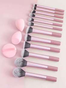 12pcs Multi-Function Super Soft Makeup Brush Set / Angled Or Teardrop Shaped Makeup Sponges / Round Or Teardrop Shaped Powder Puffs, Help You Apply Makeup Quickly - Pink - View 3