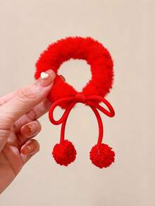 Christmas Red Bow Pom Pom Plush Hair Scrunchie, Autumn/Winter Sweet Girl Hair Tie, Non-Damaging Hair Elastic - Multicolor - View 4