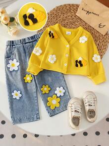 2pcs Set Pakaian Bayi Perempuan Gaya Mori Warna Cerah Motif Lebah Kecil & Bunga, Kardigan Lengan Panjang dengan Celana Denim Bordir, Musim Semi/Musim Gugur - Kuning - View 2