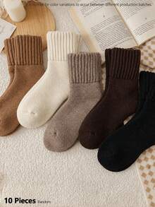 5 Pairs/1 Pair Comfortable Thick Fleece Warm Mid-Calf Socks, Elastic Ribbed Knit Winter Socks With Earth Tone Terry Lining, Suitable For Boots And Indoor/Outdoor Wear, Random Color, 2/6/10/20 Pairs - Set a - View 20