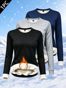Women's Winter Casual Sports Solid Color Crew Neck Sweatshirt Set, Multi-Color Options, Suitable For Running, Cycling, Hiking, Gym Workouts, Versatile Style - Black - View 1